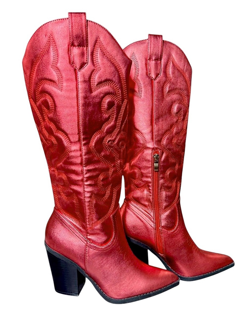 Burness Arizona Metallic Matte Red Western Faux Leather Knee High Boots Size 6